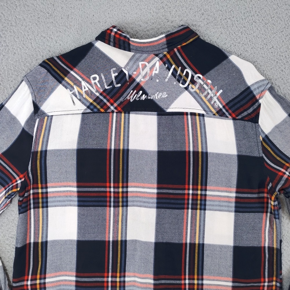 Harley Davidson Flannel Shirt Women Large Button Blue Colorful Front Back Logos - Picture 4 of 16